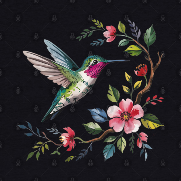 Botanical Ruby -Throated Hummingbird Nature Motif by BirdsnStuff