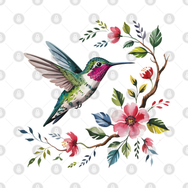 Botanical Ruby -Throated Hummingbird Nature Motif by BirdsnStuff