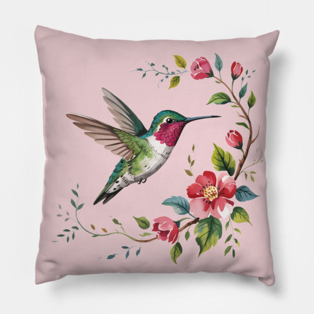 Botanical Ruby-Throated Hummingbird Illustration 2 Pillow by BirdsnStuff