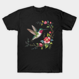 Botanical Ruby-Throated Hummingbird Illustration 2 T-Shirt