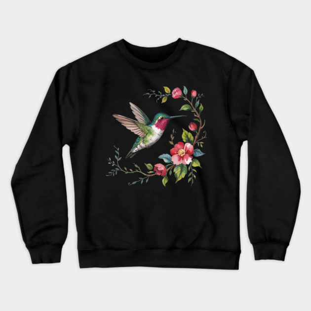 Botanical Ruby-Throated Hummingbird Illustration 2 Crewneck Sweatshirt by BirdsnStuff