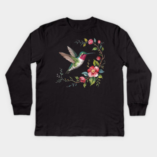 Botanical Ruby-Throated Hummingbird Illustration 2 Kids Long Sleeve T-Shirt