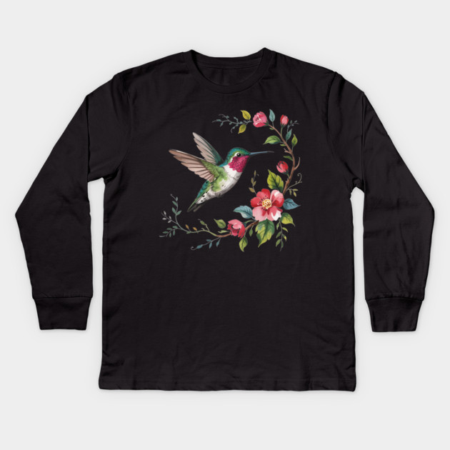 Botanical Ruby-Throated Hummingbird Illustration 2 Kids Long Sleeve T-Shirt by BirdsnStuff