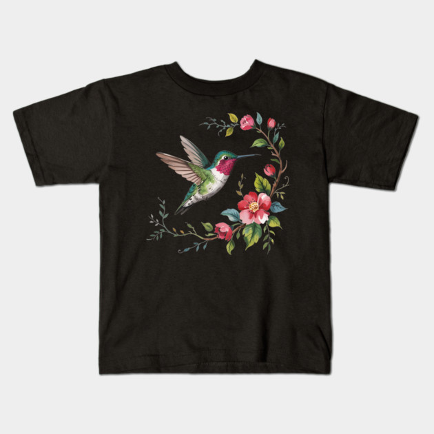 Botanical Ruby-Throated Hummingbird Illustration 2 Kids T-Shirt by BirdsnStuff