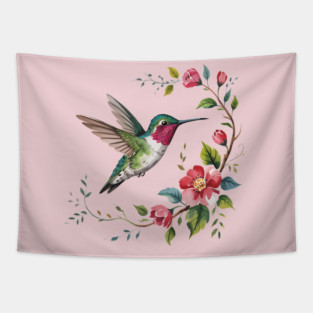 Botanical Ruby-Throated Hummingbird Illustration 2 Tapestry