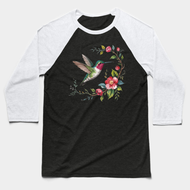 Botanical Ruby-Throated Hummingbird Illustration 2 Baseball T-Shirt by BirdsnStuff