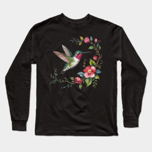 Botanical Ruby-Throated Hummingbird Illustration 2 Long Sleeve T-Shirt