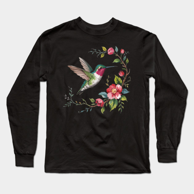 Botanical Ruby-Throated Hummingbird Illustration 2 Long Sleeve T-Shirt by BirdsnStuff