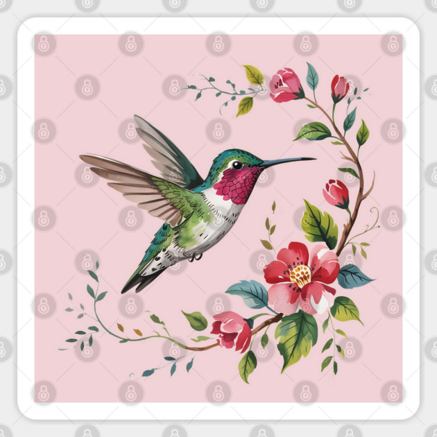Botanical Ruby-Throated Hummingbird Illustration 2 Sticker by BirdsnStuff