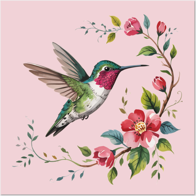 Botanical Ruby-Throated Hummingbird Illustration 2 Wall Art by BirdsnStuff