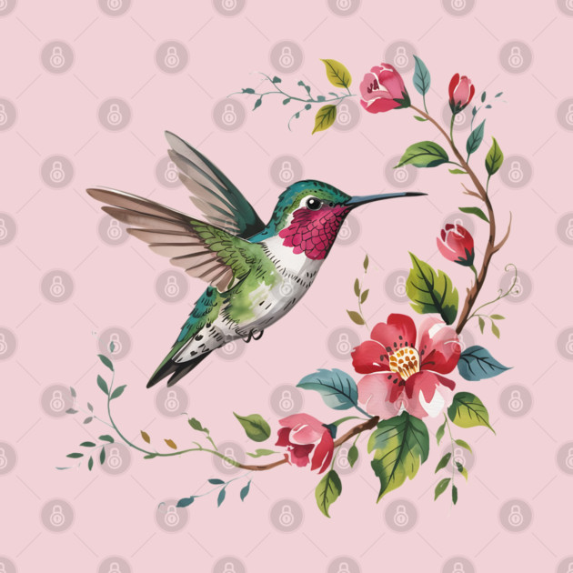 Botanical Ruby-Throated Hummingbird Illustration 2 by BirdsnStuff