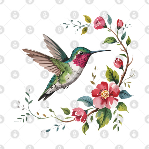 Botanical Ruby-Throated Hummingbird Illustration 2 by BirdsnStuff