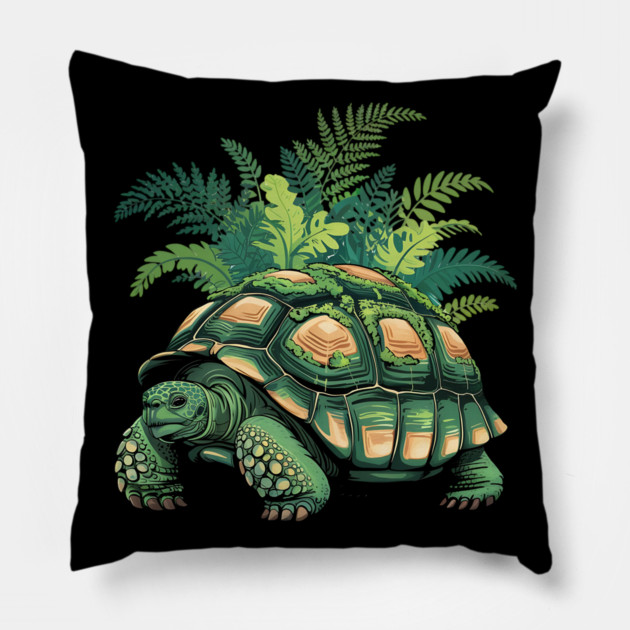 Giant Tropical Forest Tortoise with Lush Green Ferns Pillow by BirdsnStuff