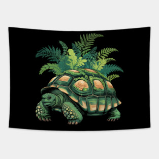 Giant Tropical Forest Tortoise with Lush Green Ferns Tapestry