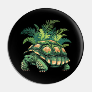 Giant Tropical Forest Tortoise with Lush Green Ferns Pin