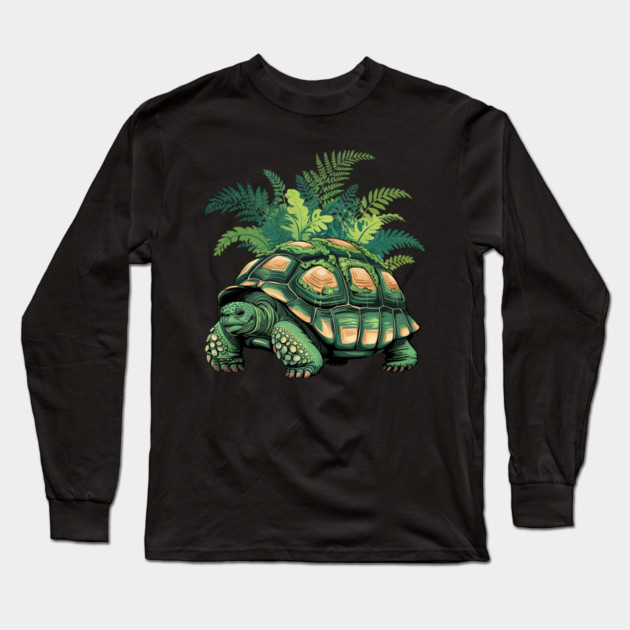 Giant Tropical Forest Tortoise with Lush Green Ferns Long Sleeve T-Shirt by BirdsnStuff