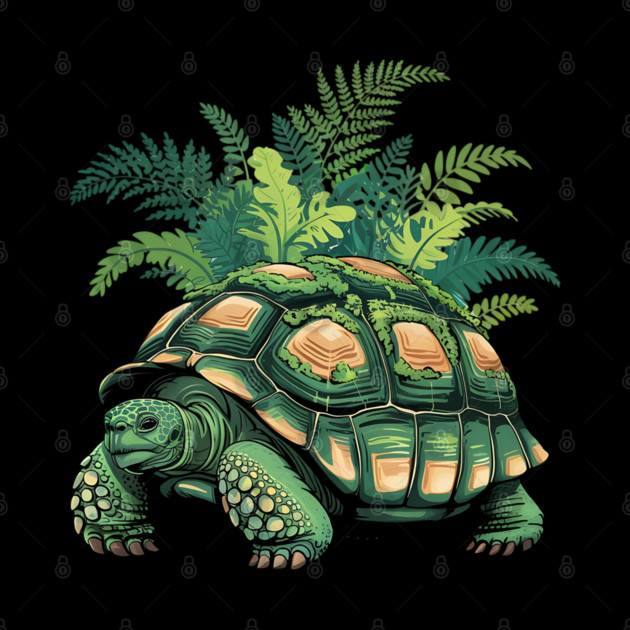 Giant Tropical Forest Tortoise with Lush Green Ferns by BirdsnStuff