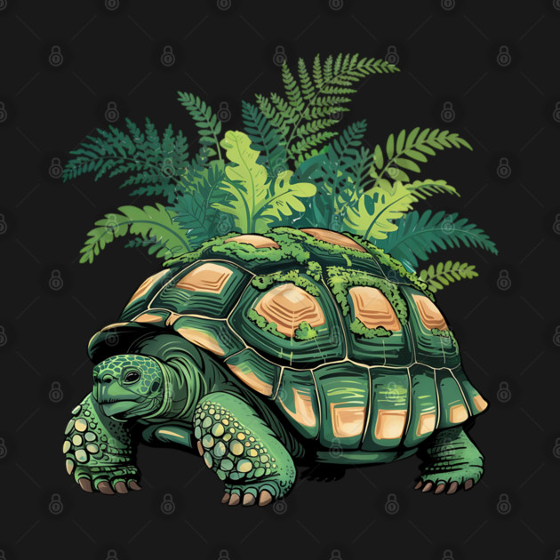 Giant Tropical Forest Tortoise with Lush Green Ferns by BirdsnStuff