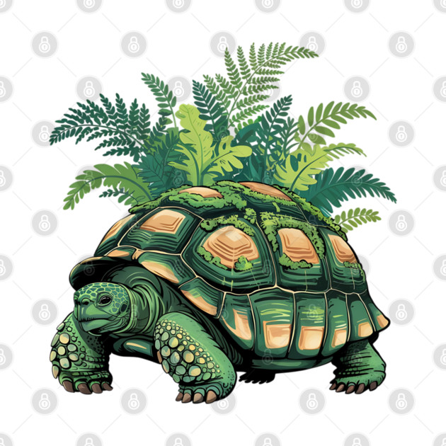 Giant Tropical Forest Tortoise with Lush Green Ferns by BirdsnStuff