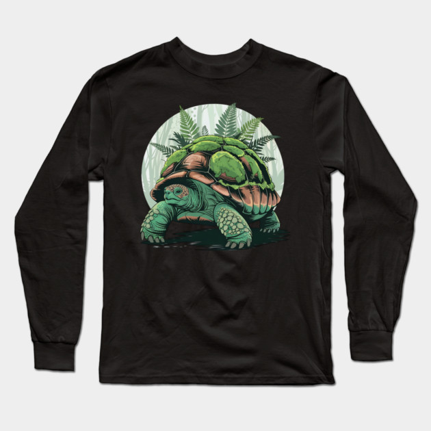Giant Tropical Forest Tortoise with Lush Green Ferns 2 Long Sleeve T-Shirt by BirdsnStuff