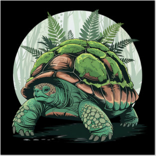 Giant Tropical Forest Tortoise with Lush Green Ferns 2 Posters and Art