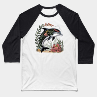 Floral Dolphin Surrounded by Ocean Leaves and Petals Baseball T-Shirt