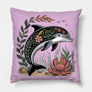 Floral Dolphin Surrounded by Ocean Leaves and Petals Pillow