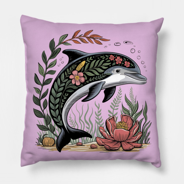 Floral Dolphin Surrounded by Ocean Leaves and Petals Pillow by BirdsnStuff