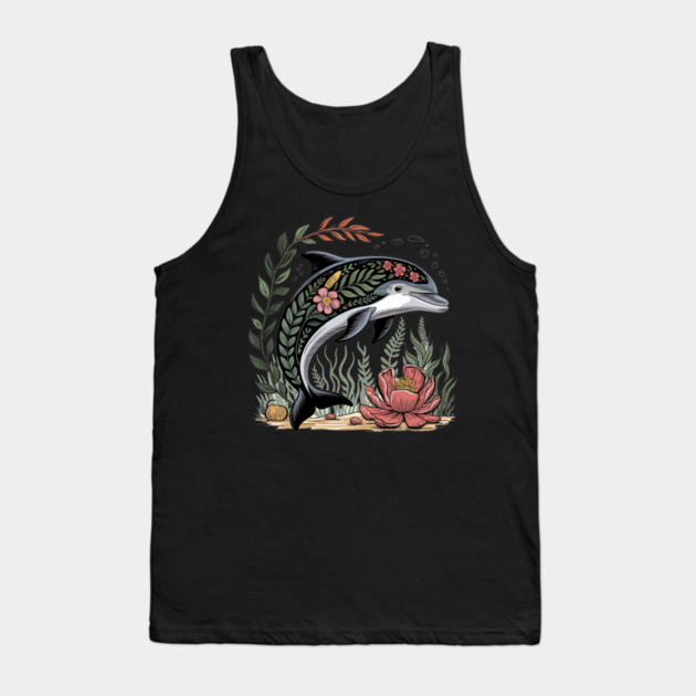 Floral Dolphin Surrounded by Ocean Leaves and Petals Tank Top by BirdsnStuff