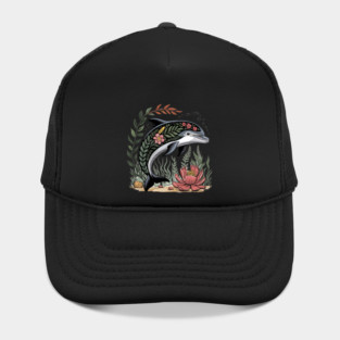 Floral Dolphin Surrounded by Ocean Leaves and Petals Hat