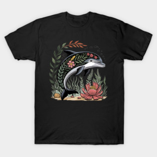 Floral Dolphin Surrounded by Ocean Leaves and Petals T-Shirt