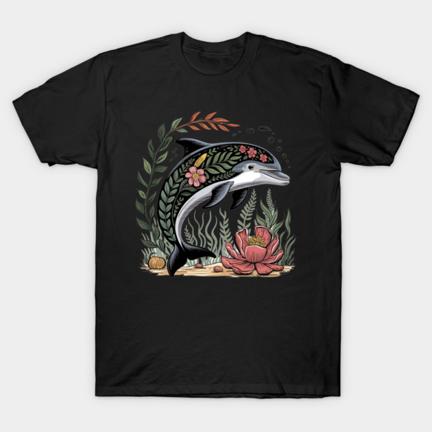 Floral Dolphin Surrounded by Ocean Leaves and Petals T-Shirt by BirdsnStuff