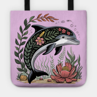 Floral Dolphin Surrounded by Ocean Leaves and Petals Tote
