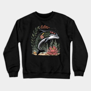 Floral Dolphin Surrounded by Ocean Leaves and Petals Crewneck Sweatshirt