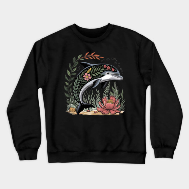 Floral Dolphin Surrounded by Ocean Leaves and Petals Crewneck Sweatshirt by BirdsnStuff