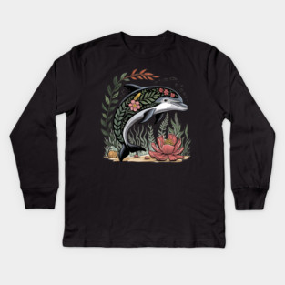Floral Dolphin Surrounded by Ocean Leaves and Petals Kids Long Sleeve T-Shirt