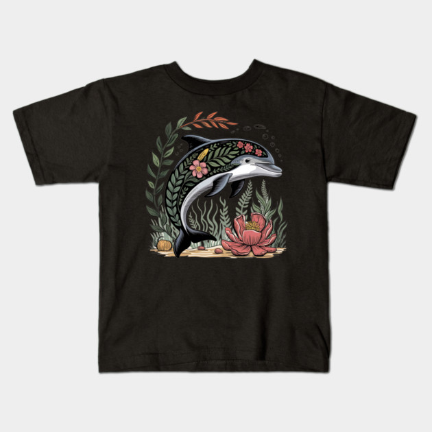 Floral Dolphin Surrounded by Ocean Leaves and Petals Kids T-Shirt by BirdsnStuff