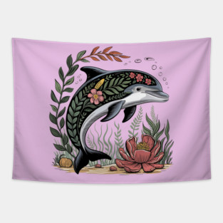 Floral Dolphin Surrounded by Ocean Leaves and Petals Tapestry