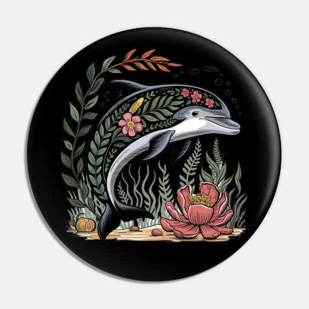 Floral Dolphin Surrounded by Ocean Leaves and Petals Pin by BirdsnStuff