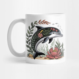 Floral Dolphin Surrounded by Ocean Leaves and Petals Mug