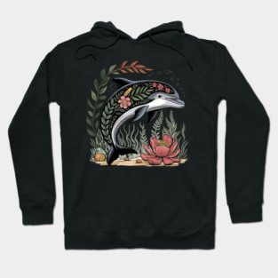 Floral Dolphin Surrounded by Ocean Leaves and Petals Hoodie