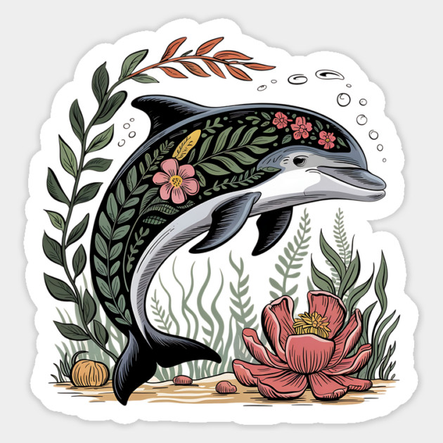 Floral Dolphin Surrounded by Ocean Leaves and Petals Magnet by BirdsnStuff