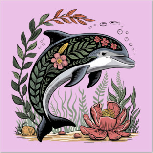 Floral Dolphin Surrounded by Ocean Leaves and Petals Posters and Art