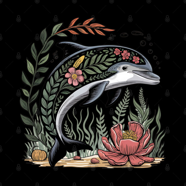 Floral Dolphin Surrounded by Ocean Leaves and Petals by BirdsnStuff