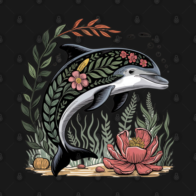 Floral Dolphin Surrounded by Ocean Leaves and Petals by BirdsnStuff