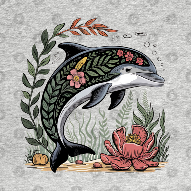 Floral Dolphin Surrounded by Ocean Leaves and Petals by BirdsnStuff
