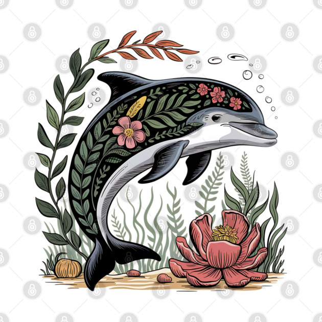 Floral Dolphin Surrounded by Ocean Leaves and Petals by BirdsnStuff