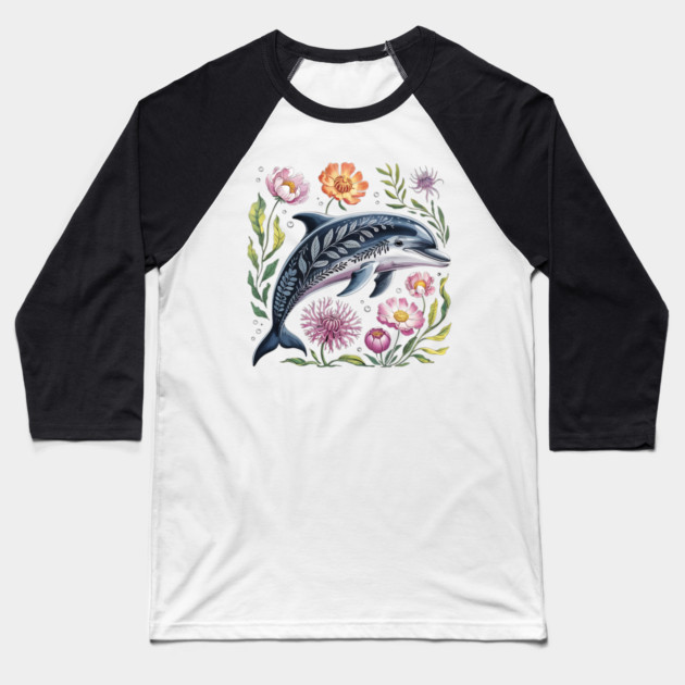 Floral Dolphin Surrounded by Ocean Leaves and Petals 2 Baseball T-Shirt by BirdsnStuff