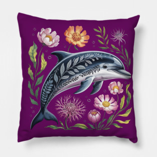Floral Dolphin Surrounded by Ocean Leaves and Petals 2 Pillow