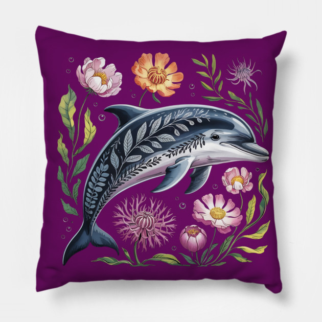 Floral Dolphin Surrounded by Ocean Leaves and Petals 2 Pillow by BirdsnStuff